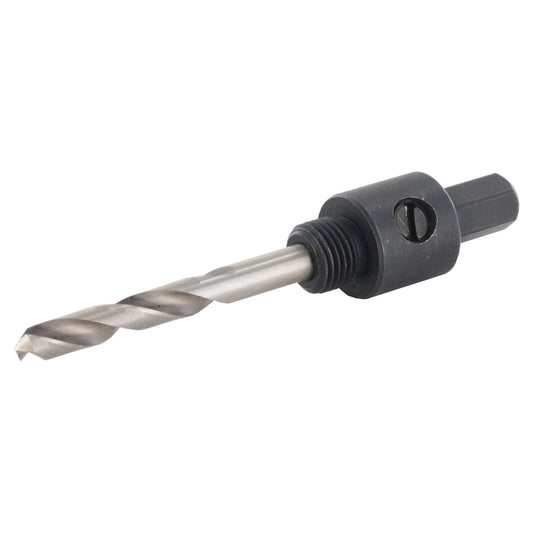 FAMAG Adapter mit HSS-Zentrierbohrer für PAROLI-Lochsägen, Hauptansicht mit schwarzem Kunststoffkonus und Stahlschaft