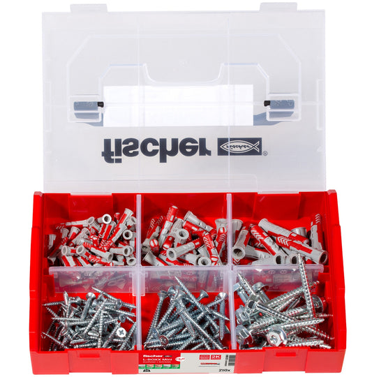 fischer L-BOXX mini DuoPower mit 210-teiligem Sortiment: Universaldübel und Schrauben in Kunststoffbox
