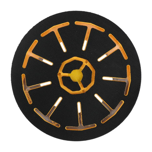 Mirka Schleifteller MF Ø 150 mm mit Multihole-Technologie, schwarze Grundplatte, orange Absauglöcher, gelber Zentralkern