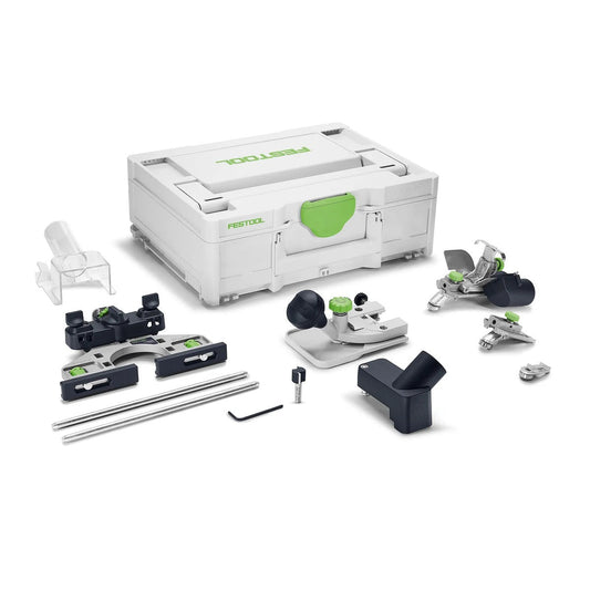 Festool Zubehör-Set ZS-MFK 700 mit Kantenfräs-Zubehör im weißen Systainer, alle Komponenten ausgelegt.