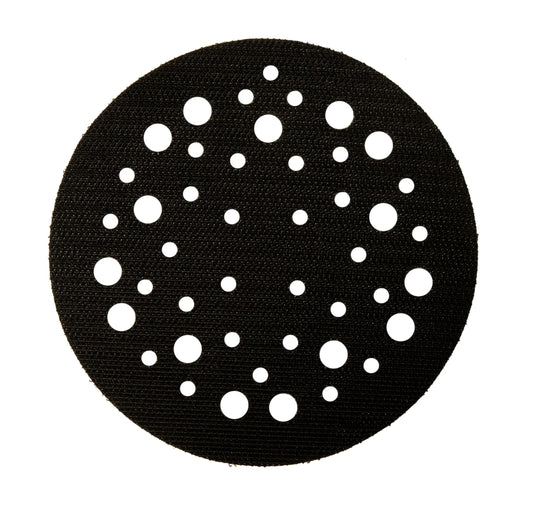Mirka Schutzauflage 125mm Klett mit Lochung, schwarze Schleifteller-Schutzplatte mit weißen Befestigungslöchern.