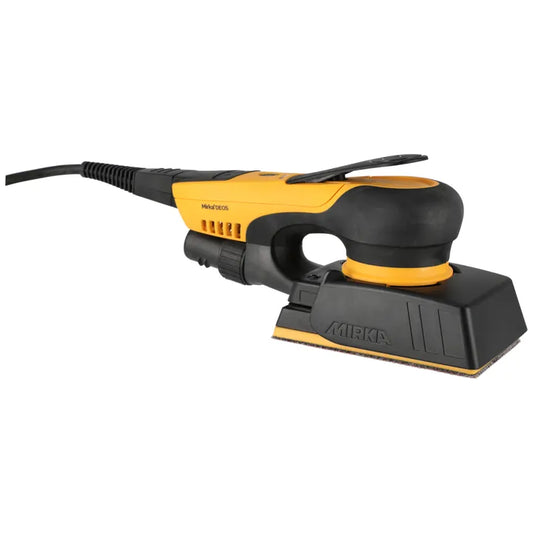 Mirka DEOS Elektroschleiffer mit Schleifteller 81 x 133 mm in gelb-schwarz Ausführung, Seitenansicht.