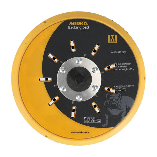 Mirka Schleifteller MF Ø 150 mm mit Multihole-Technologie, Gelb, Draufsicht mit Anschlussplatte und Absauglöchern.
