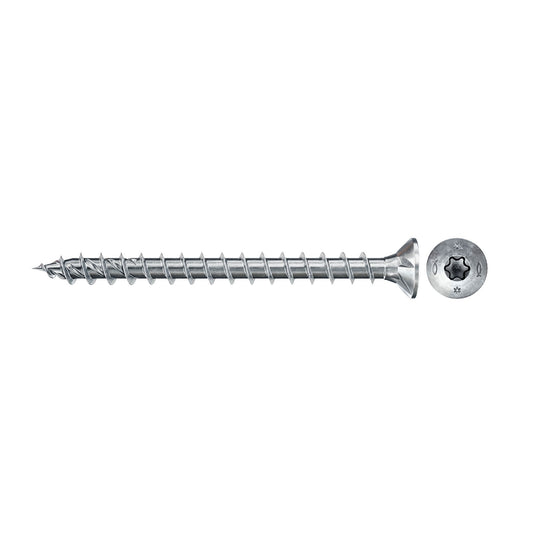 fischer PowerFast II Schraube mit Senkkopf, Innenstern TX und verzinkter Oberfläche, Detailansicht.
