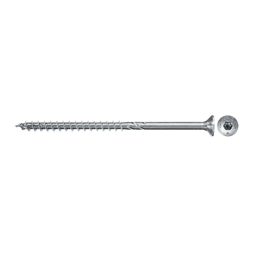 fischer PowerFast II Spanplattenschraube mit Torx-Antrieb, Senkkopf und Fräsrippen, Detailansicht.