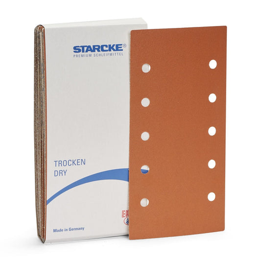 STARCKE Schleifstreifen 542C7K 115 x 228 mm mit Klett-Lochung, orange Korund-Körnung auf Verpackung