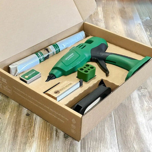 WoodRepair Wood Repair PRO Akku-Set WR 540 Lieferumfang mit Akku-Gerät, Adapter, Zubehör und Anleitung
