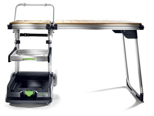 Festool Mobile Werkstatt MW 1000 mit Lochplatte, Aluprofil, Schubbügel und großen Rädern, Seitenansicht