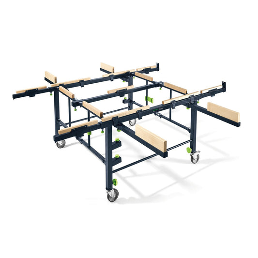 Festool STM 1800 Mobiler Säge- und Arbeitstisch mit Holzauflagen, schwarzem Stahlrahmen und grünen Rollen.