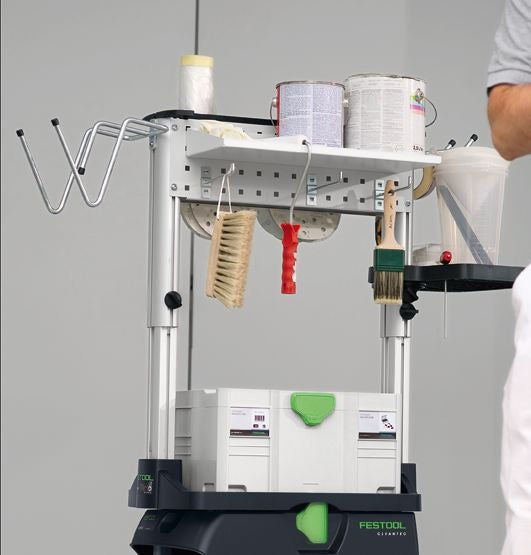 Festool WCR 1000 T-LOC Workcenter mit Lochwand, Werkzeughaken, Ablagewanne und Zubehör an Absaugmobil montiert