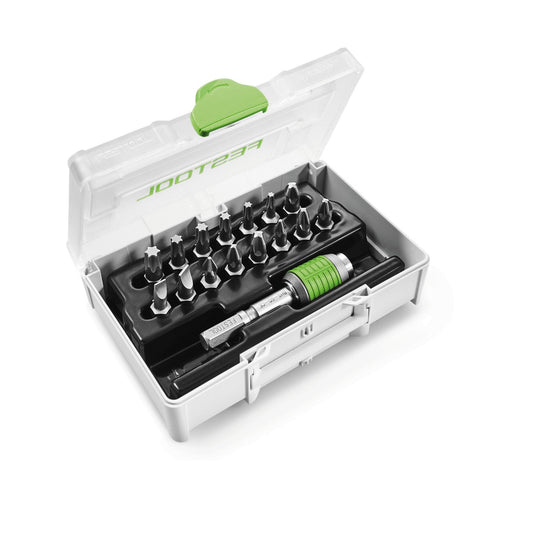 Festool Bit-Sortiment SYS3 XXS mit 15 Bits, CENTROTEC Bithalter und transparentem Systainer, geöffnete Ansicht.