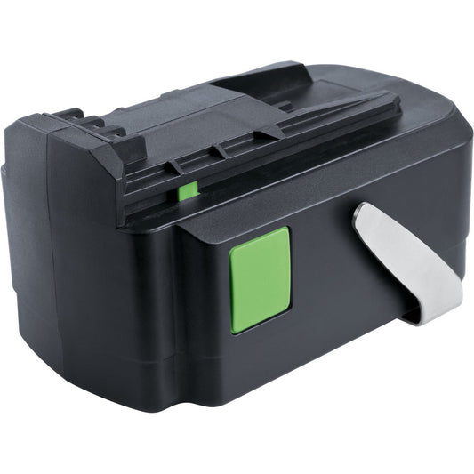 Festool Akkupack BPC 15 5,2 Ah Li-Ion Hauptansicht mit grüner Ladeanzeige und Gürtelclip