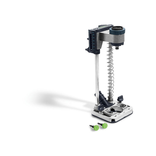 Festool Mobiler Bohrvorsatz MB 40 mit Tiefeneinstellung, Grundplatte und grünem Zubehör, Frontansicht.
