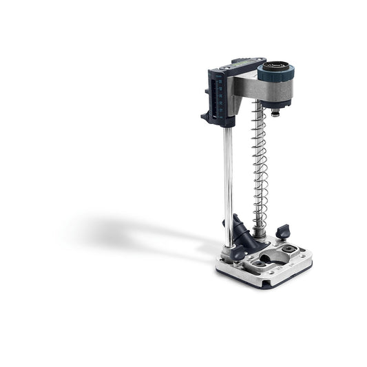 Festool Mobiler Bohrvorsatz MB 40-Set mit Tiefeneinstellung, Skala und Metallständer für präzise rechtwinklige Bohrungen.