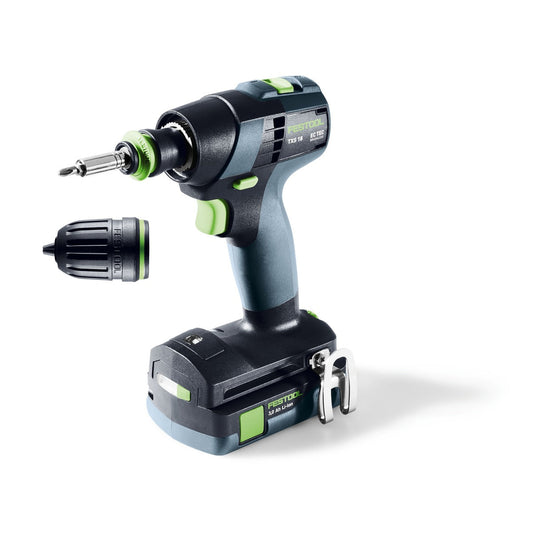 Festool Akku-Bohrschrauber TXS 18 C mit Akku, Ladegerät und Schnellspannfutter in Seitenansicht