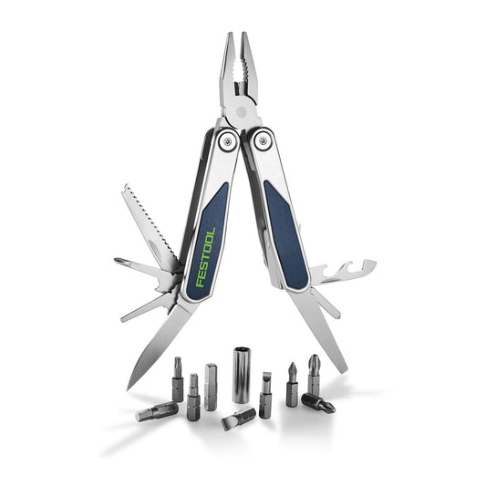 Festool Multitool MT-FT1 mit ausgeklappten Funktionen und Bit-Set, dunkelblau mit grünem Logo