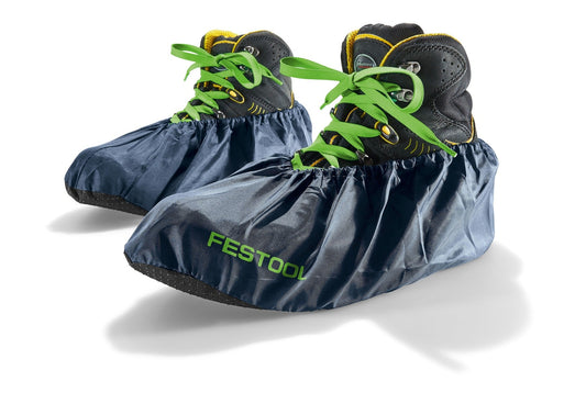 Festool Schuhüberzieher SHOE-FT1 dunkelblau mit grünen Schnürsenkeln und rutschfester Sohle, mit Aufbewahrungsbeutel