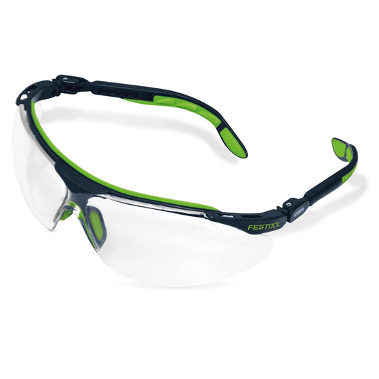 Festool UVEX SG-FT1 Schutzbrille mit dunkelblauem Gestell, grünen Bügeln und farblosen kratzfesten Scheiben, Frontalansicht.