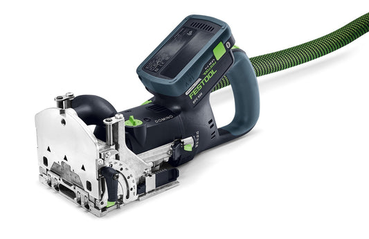 Festool Akku-Dübelfräse DOMINO DFC 500 E-Basic mit Akku und grünem Schlauch, Seitenansicht