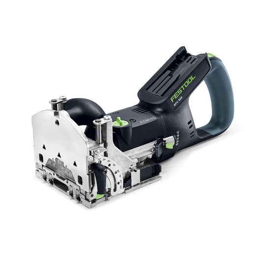 Festool Akku-Dübelfräse DOMINO DFC 500 E-Basic mit ergonomischem Spatenhandgriff und Fräskopf in Seitenansicht.