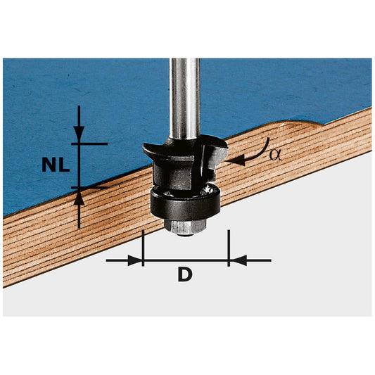 Festool Fase-Bündigfräser HW S8 D24 Anwendung mit Fasenwinkel und Schnitttiefe am Holzwerkstück
