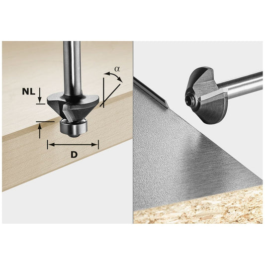 Festool Fasefräser HW mit Hartmetallschneiden zeigt Fräskopf und Anwendungsbeispiel an Holzkante mit Fasenwinkel α und