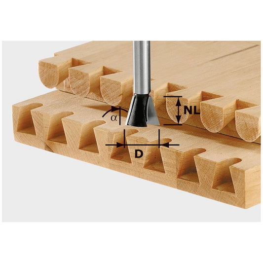 Festool Grat-/Zinkenfräser HW bei Schwalbenschwanzfräsung in Holz mit Maßangaben Durchmesser und Nuttiefe