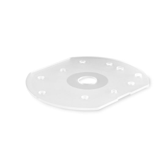 Festool Laufsohle LAS-OF 1010 R transparente Schleifplatte mit Mittelloch und Befestigungslöchern.