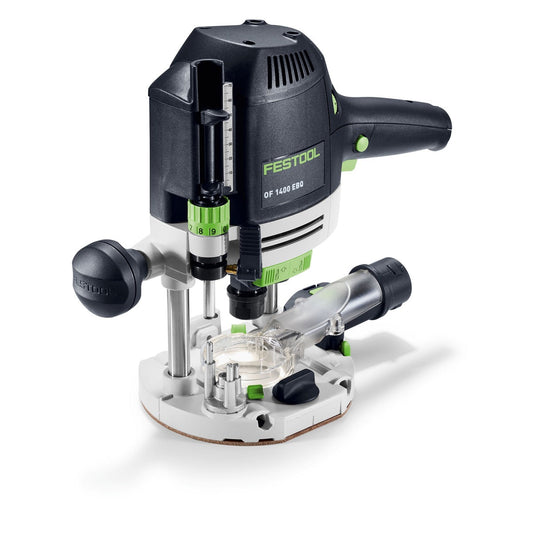 Festool OF 1400 EBQ Oberfräse mit weißer Grundplatte, schwarzem Motor, Drehzahlregler und Kopiering-Anschluss.