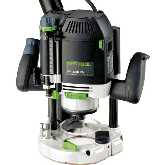 Festool Oberfräse OF 2200 EB mit Absauganlage, Drehzahlregler und ergonomischen Griffen, Hauptansicht.