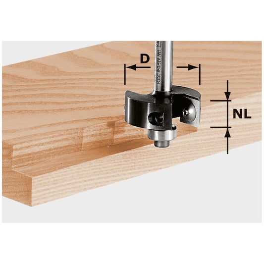 Festool Falzfräser-Wendeplatten HW S8 D38/12 mit Wendeplatte beim Fräsen von Falz in Holz, Messungen D und NL sichtbar.