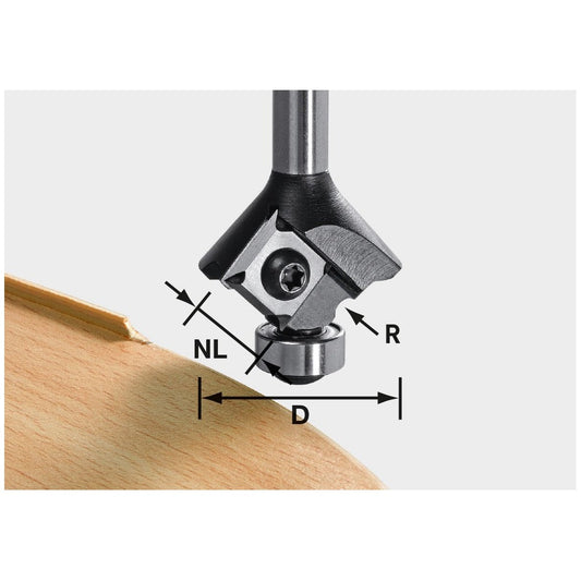 Festool Abrundfräser-Wendeplatten HW mit Hartmetall-Wendeplatte beim Abrunden einer Holzkante, technische Maßzeichnung mit