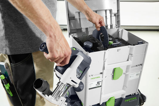 Festool Zubehör-Set ZS-OF 1010 M im Systainer mit Kopierring und Zubehör, Hand entnimmt Schleifteller