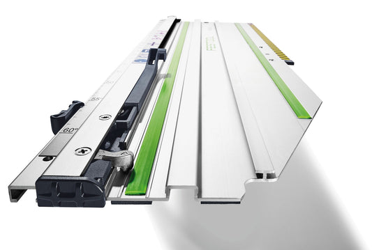 Festool FSK 420 Kappschiene mit Schnellverschluss, Führungsschiene und Schlitten in Ansicht.