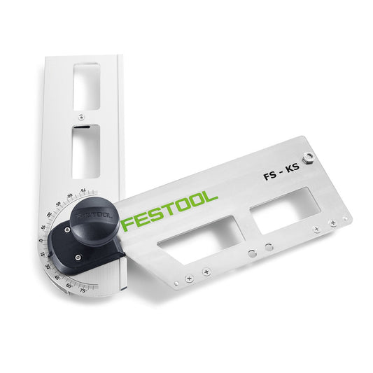 Festool Kombischmiege FS-KS mit Winkelmesser und Führungsschiene zur Winkelmessung von 0° bis 180°.