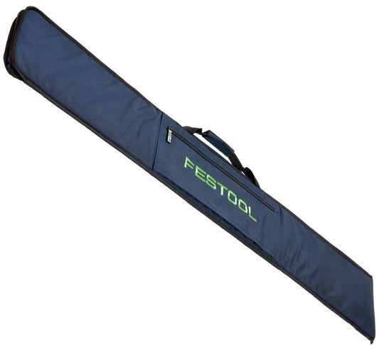 Festool Führungsschiene FS/2 in Dunkelblau mit grünem Logo und schwarzen Tragegriffen, Transporttasche