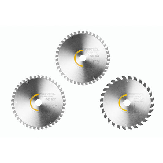 Festool Kreissägeblatt-Set KSB-SORT/3 W mit drei Hartmetall-Sägeblättern 168 mm Durchmesser für Holzschnitte