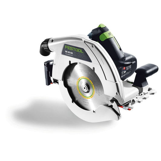 Festool Handkreissäge HK 85 EB-Plus mit 1.900 W Motor, Sägeblatt und grüner Absaugvorrichtung, Detailansicht.