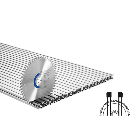 Festool Kreissägeblatt ALUMINIUM/PLASTICS HW mit Hartmetallzähnen auf Aluminiumprofil-Schiene, blau gekennzeichnet.
