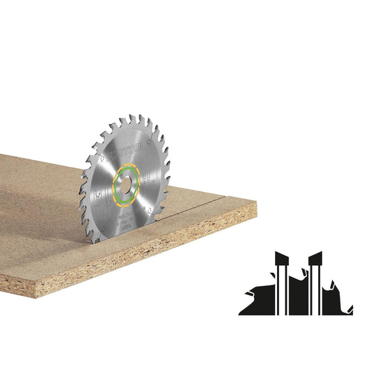 Festool WOOD UNIVERSAL HW Kreissägeblatt beim Schneiden von Sperrholzplatte, Hartmetallzähne sichtbar