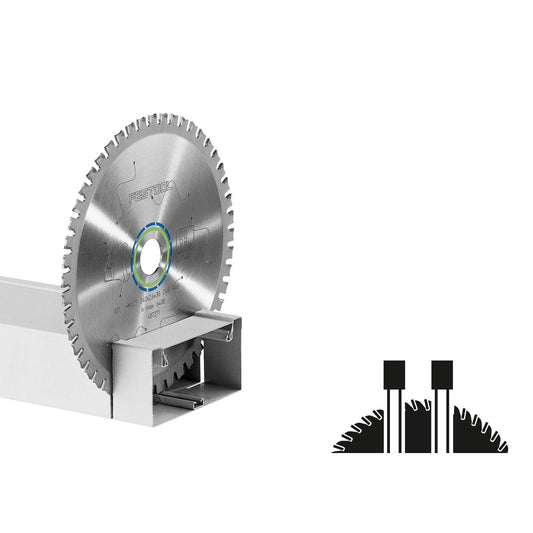 Festool STEEL HW Kreissägeblatt mit Hartmetallzähnen in Metallkonstruktion montiert, Zahndetail unten rechts
