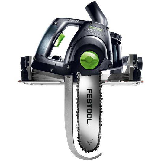Festool Schwertsäge SSU 200 EB-Plus mit Kettenführung und grünem Bedienhandgriff, Frontansicht.