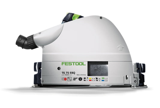 Festool TS 75 EBQ Tauchsäge mit Führungsschiene, Draufsicht auf weiß-schwarzes Gehäuse mit grünem Festool-Logo