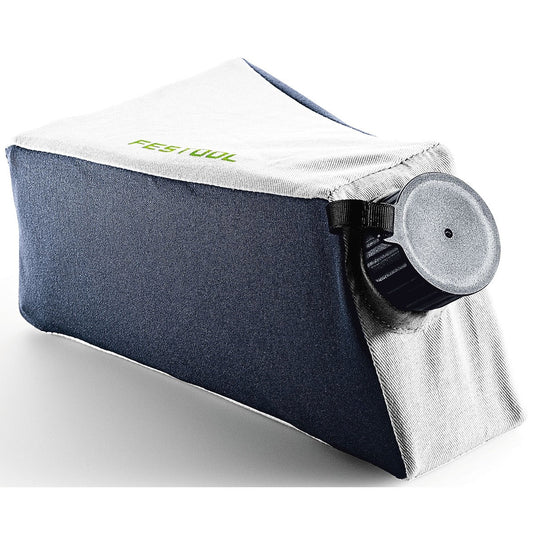 Festool Staubfangbeutel SB-TSC mit Reißverschluss und Verschlussklappe, blau-weiß, faltbar konstruiert.