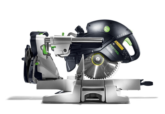 Festool KAPEX KS 120 REB Kapp-Zugsäge mit MFT Multifunktionstisch, Hauptansicht mit Sägeblatt und Doppelsäulenführung
