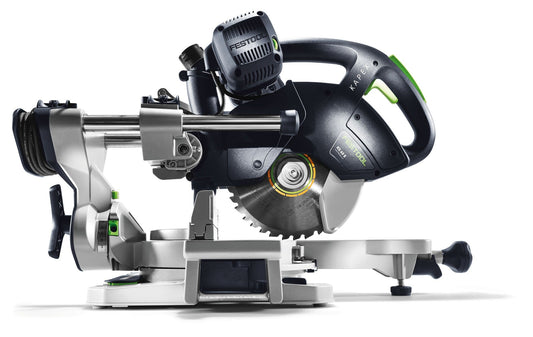 Festool KAPEX KS 60 E Kapp-Zugsäge mit 1200 Watt Motor, Sägeblatt und silbernem Kunststoffgestell.