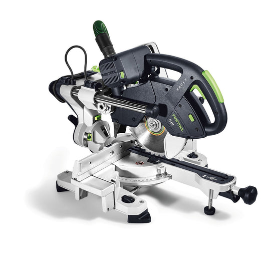 Festool KAPEX KS 60 E-Set Kapp-Zugsäge mit Motor, Sägeblatt und Zubehör auf weißem Untergrund