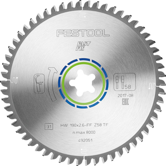 Festool Kreissägeblatt HW 190x2,6 ALUMINIUM/PLASTICS mit Hartmetallzähnen, blaue Farbcodierung, 58 Zähne
