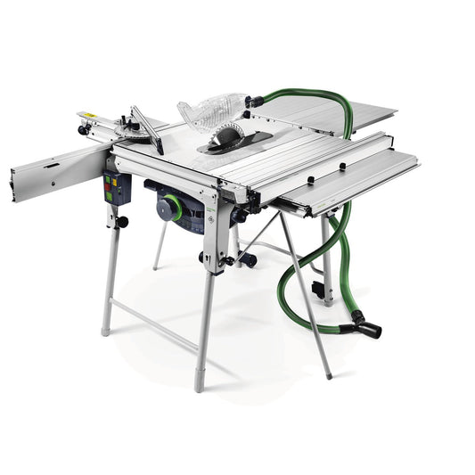 Festool Tischkreissäge TKS 80 EBS-Set mit Absauganlage und Winkelanschlag, Schrägschnittvorbereitung sichtbar.