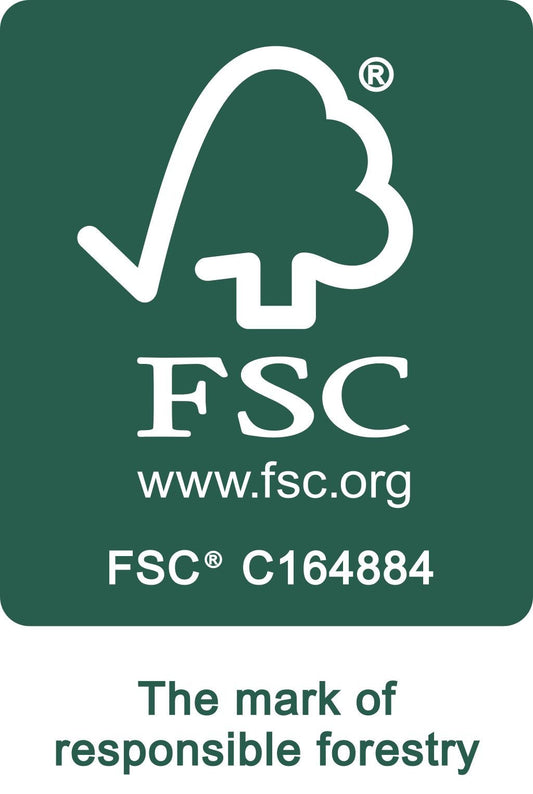 FSC-Zertifikat Waldwirtschaft Logo mit Haken, Baum Symbol und Zertifikatsnummer C164884